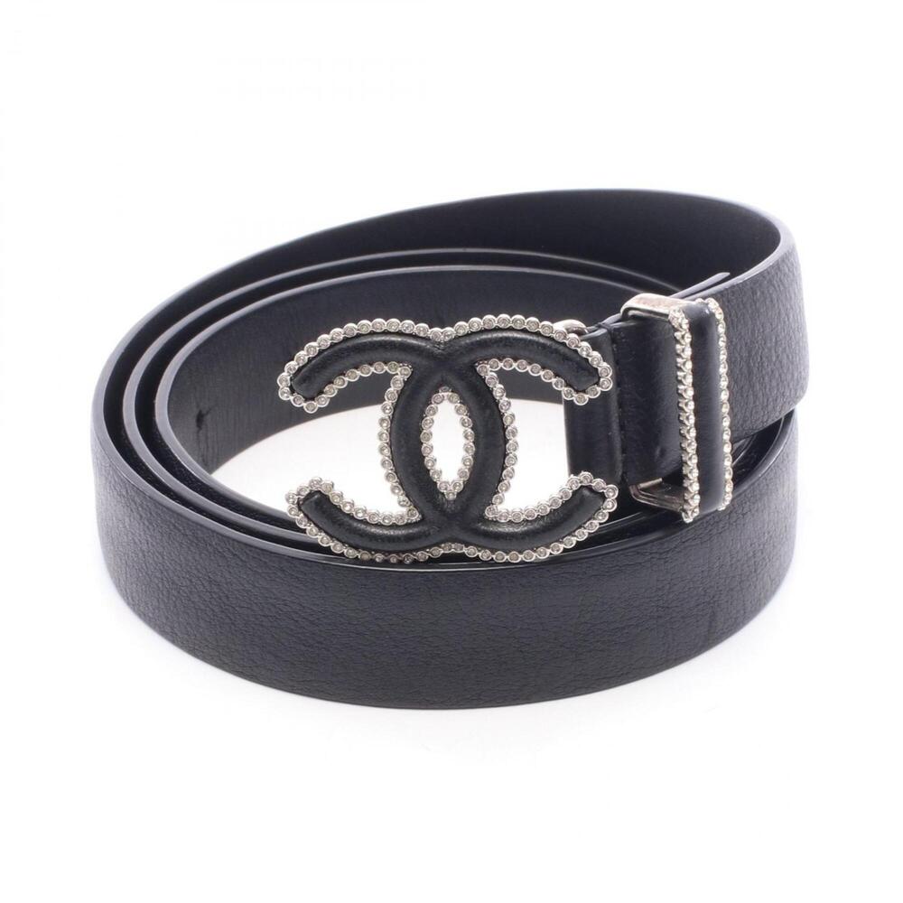 Chanel Coco Mark Rhinestone Belt, Leather, Women's, Black
